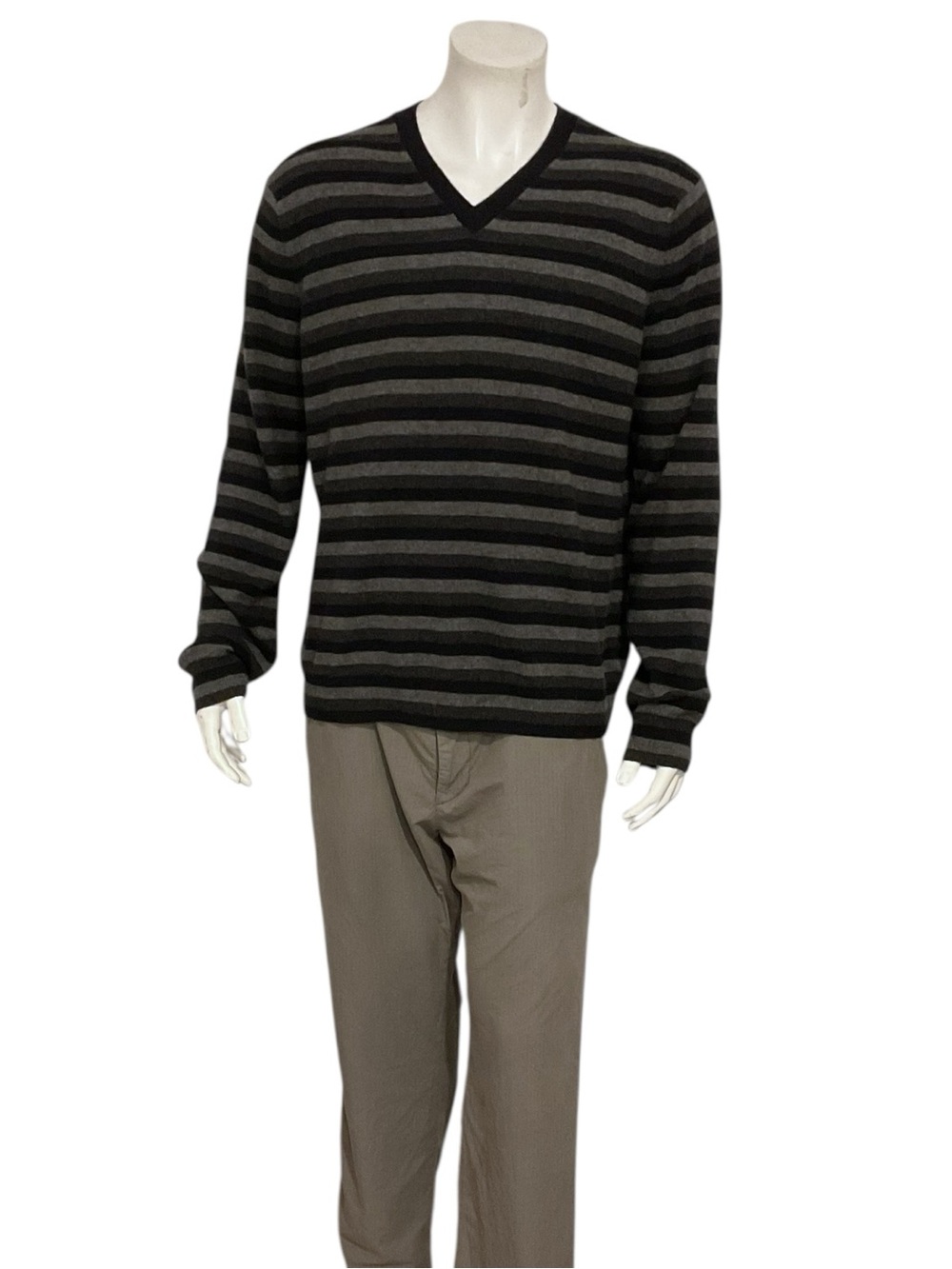 Vince Men's Black & Gray Striped V-Neck Cashmere Sweater